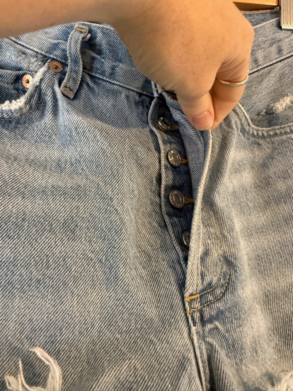 AGOLDE High Rise Light Blue Distressed Denim Cutoff Shorts - Picture 4 of 5